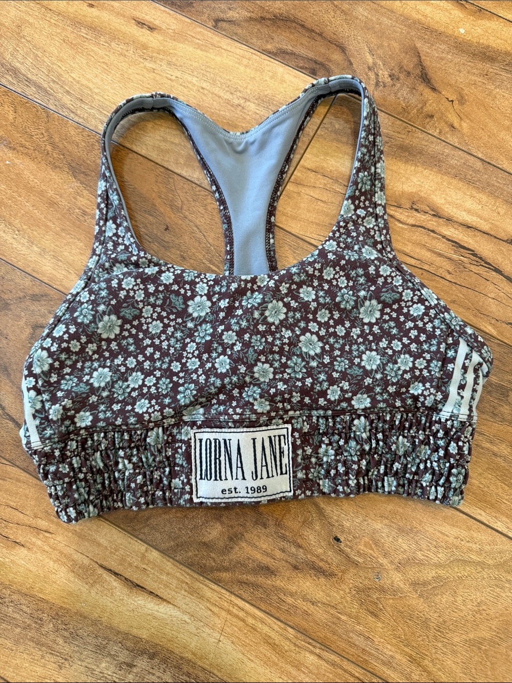 Lorna Jane Brown Racerback Floral Sports Bra with Mint Accents